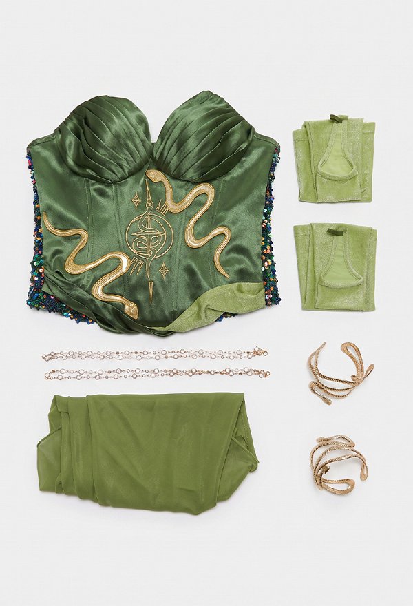 Halloween Medusa Green Dress Elf-style Cami Dress with Cape and Gloves