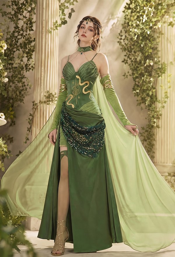 Halloween Medusa Green Dress Elf-style Cami Dress with Cape and Gloves