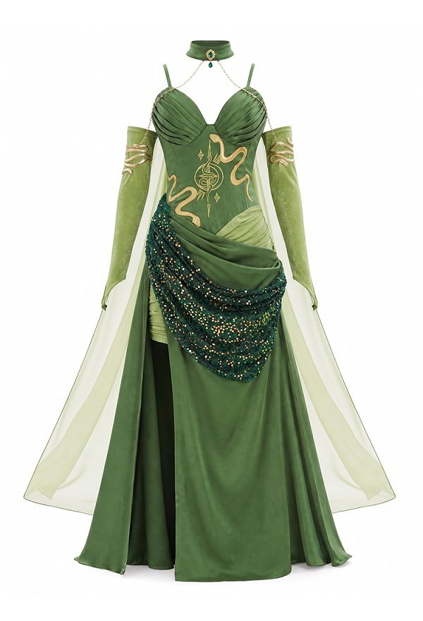 Halloween Medusa Green Dress Elf-style Cami Dress with Cape and Gloves