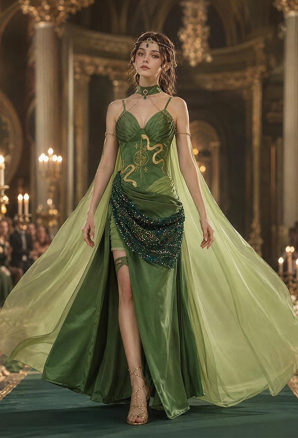 Halloween Medusa Green Dress Elf-style Cami Dress with Cape and Gloves