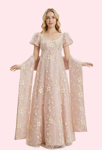 Regency-era Tea Party Dress Floral Embroidered High-waisted Dress with Shawl