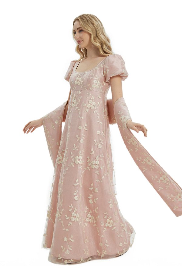 Regency-era Tea Party Dress Floral Embroidered High-waisted Dress with Shawl