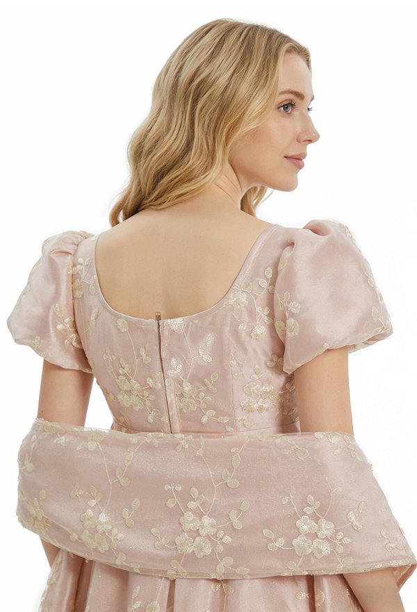 Regency-era Tea Party Dress Floral Embroidered High-waisted Dress with Shawl