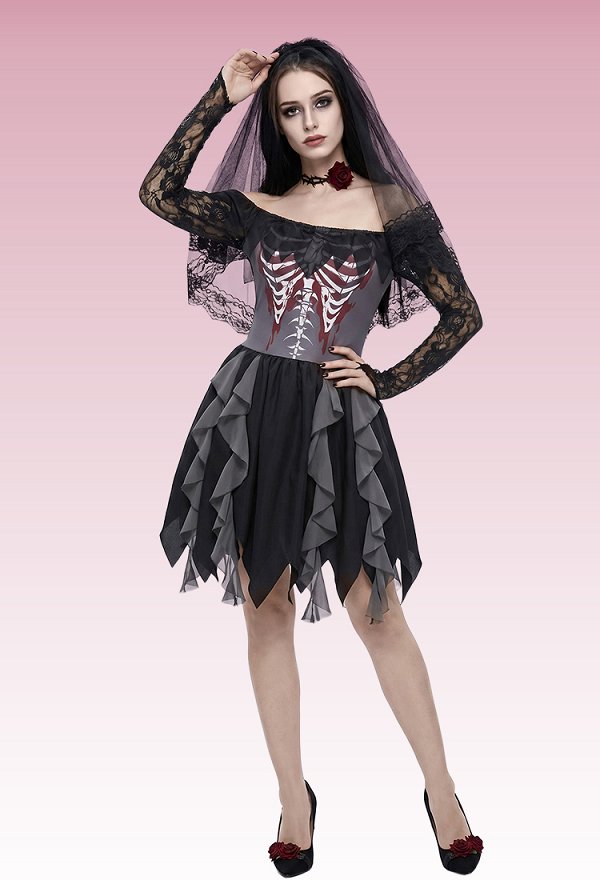Vestido de Novia Zombie de Halloween con Estampado de Cráneo Vestido de Hombro con Velo y Gargantilla Vestido de Novia Zombie de Halloween con Estampado de Cráneo Vestido de Hombro con Velo y Gargantilla