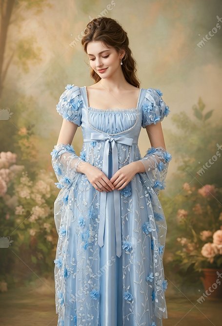 Daizbella Regency-era Light Blue High-waisted Puff Sleeves Dress with Shawl and Waist Chain