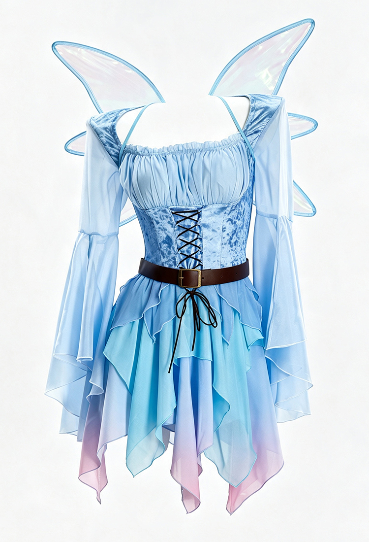 Vestido de Hada Azul y Rosa Medieval de Halloween Vestido de Elfo Mágico con Cinturón y Alas