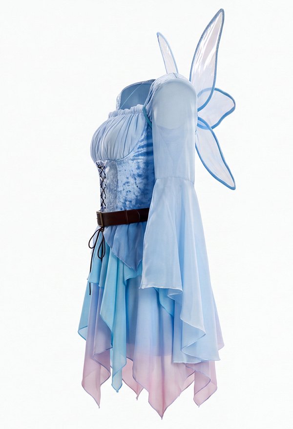 Vestido de Hada Azul y Rosa Medieval de Halloween Vestido de Elfo Mágico con Cinturón y Alas