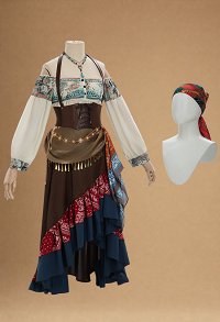 Halloween Gypsy Fortune Teller Costume Off-the-shoulder Shirt and Skirt with Waist Belt and Headscarf