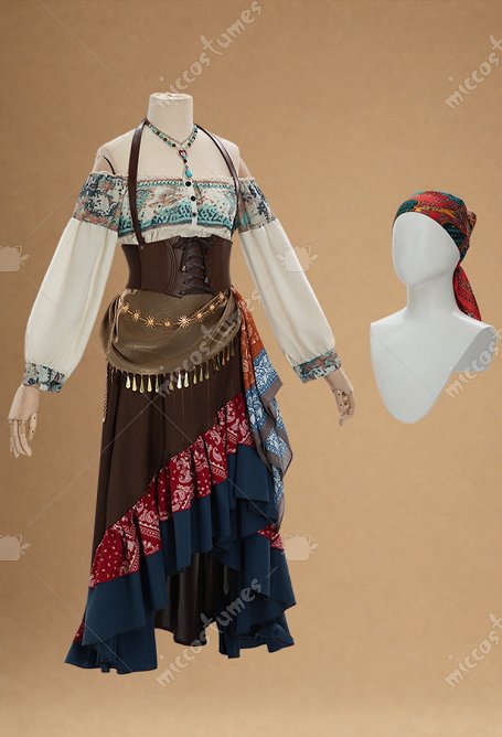 Halloween Gypsy Fortune Teller Costume Off-the-shoulder Shirt and Skirt with Waist Belt and Headscarf