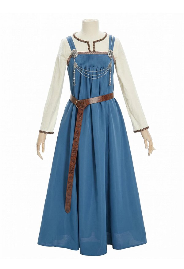 Medieval Viking-style Apron Dress Retro-style Outer Dress with Belt and Brooch