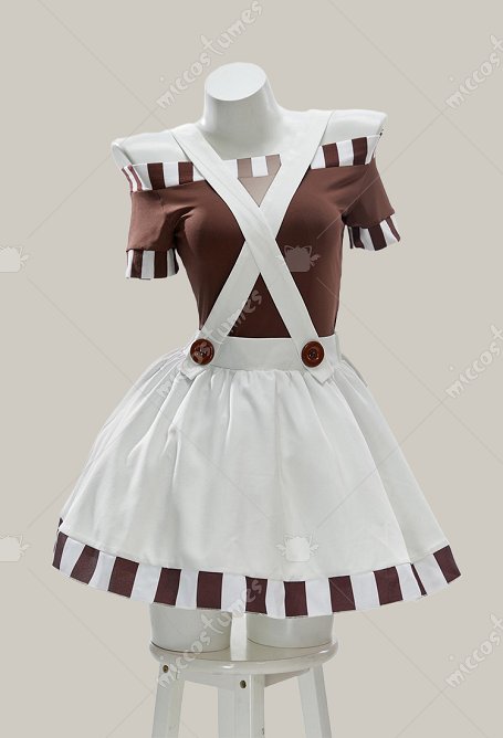Halloween Chocolate Factory Costume d'ouvrière Haut à épaules dénudées et jupe à bretelles, avec perruque et chaussettes