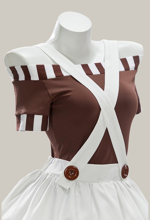 Halloween Chocolate Factory Worker Costume Off-Shoulder Top and Suspender Skirt with Wig and Socks
