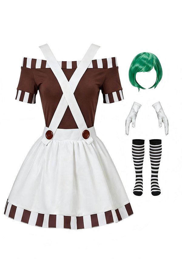 Halloween Chocolate Factory Worker Costume Off-Shoulder Top and Suspender Skirt with Wig and Socks