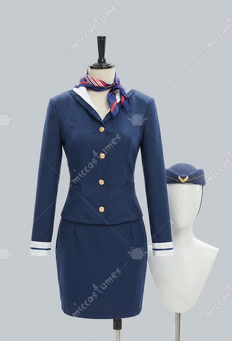 Ensemble d'uniforme d'hôtesse de l'air bleu marine veste et jupe avec chapeau et foulard