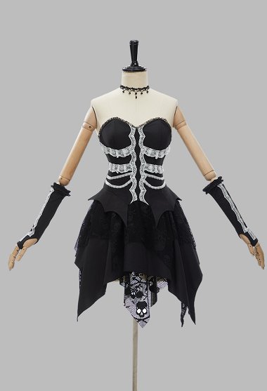 Conjunto de Esqueleto de Encaje Gótico de Halloween con Top Corsé y Falda con Guantes y Choker