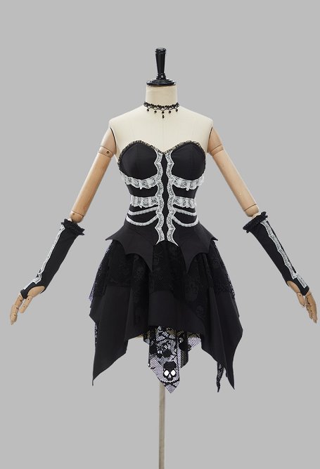 Conjunto de Esqueleto de Encaje Gótico de Halloween con Top Corsé y Falda con Guantes y Choker