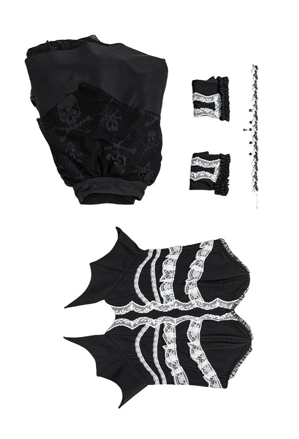 Conjunto de Esqueleto de Encaje Gótico de Halloween con Top Corsé y Falda con Guantes y Choker