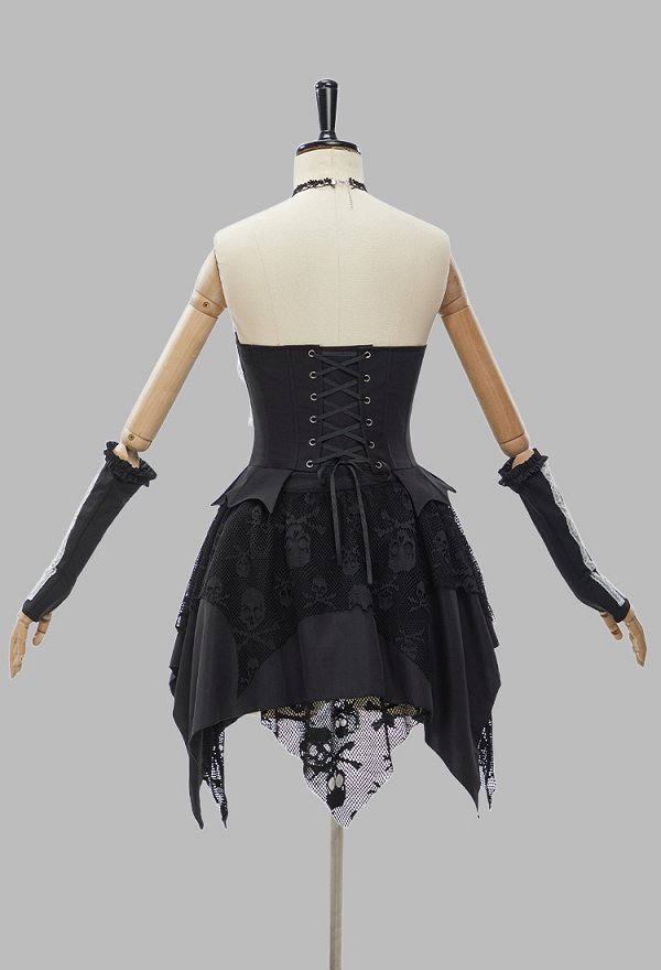 Conjunto de Esqueleto de Encaje Gótico de Halloween con Top Corsé y Falda con Guantes y Choker