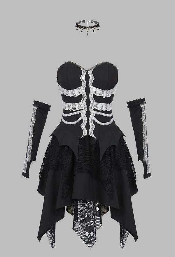 Conjunto de Esqueleto de Encaje Gótico de Halloween con Top Corsé y Falda con Guantes y Choker