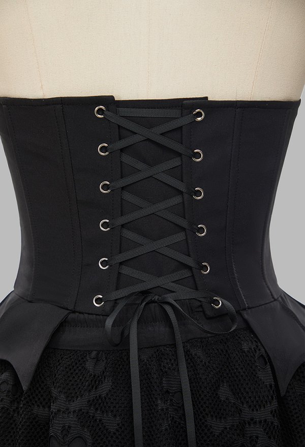 Conjunto de Esqueleto de Encaje Gótico de Halloween con Top Corsé y Falda con Guantes y Choker
