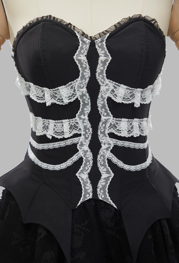 Conjunto de Esqueleto de Encaje Gótico de Halloween con Top Corsé y Falda con Guantes y Choker