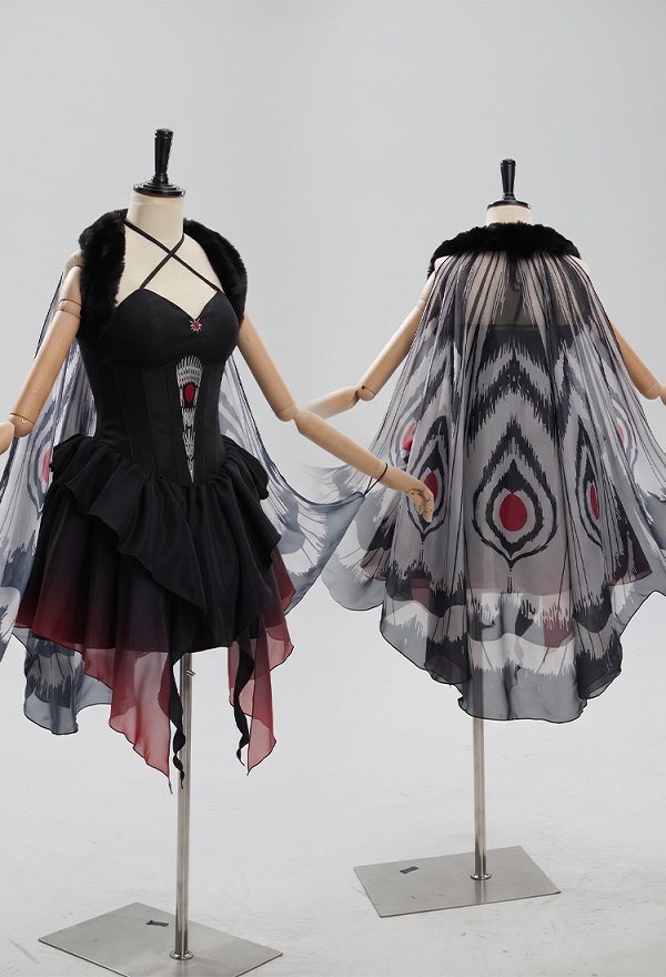 Halloween Magical Mothman Costume Halter-neck Corset Dress and Cape with Fur Collar and Headband