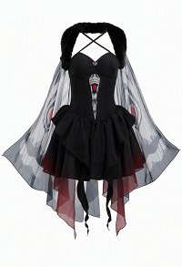 Mystisches Mothman Halloween Kostüm Neckholder Korsett Kleid und Umhang mit Pelzkragen und Haarreif