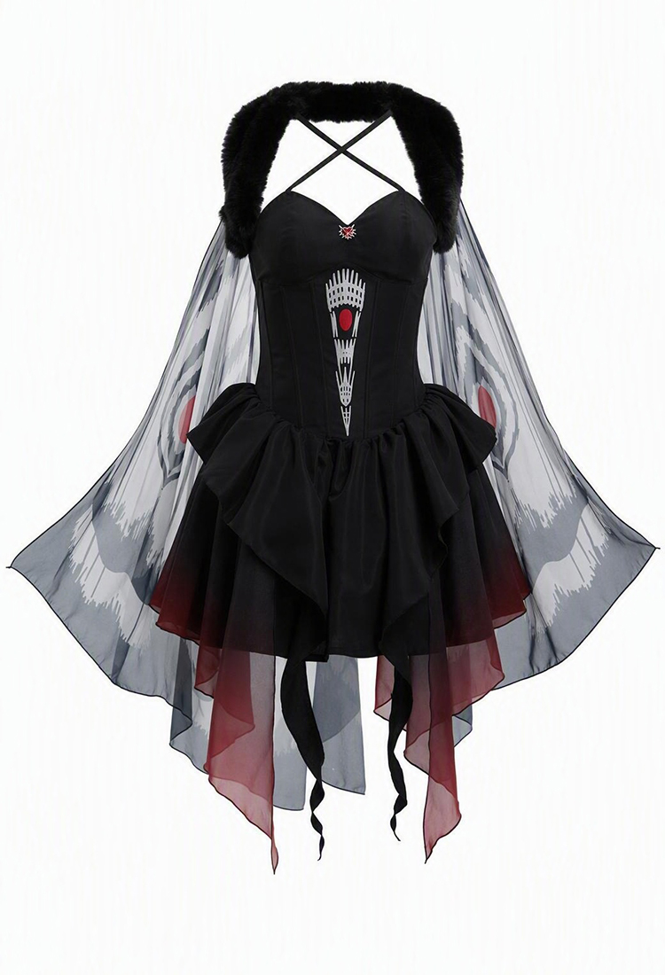 Halloween Magical Mothman Costume Halter-neck Corset Dress and Cape with Fur Collar and Headband