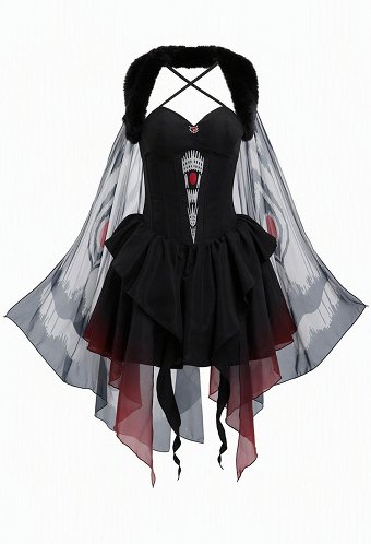 Halloween Magical Mothman Costume Halter-neck Corset Dress and Cape with Fur Collar and Headband
