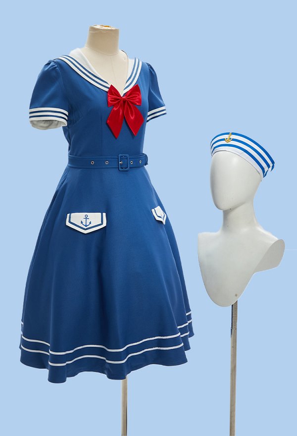 1950s Sailing Sailor Suit Vintage Navy Dress with Hat and Bow