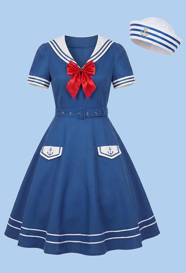 Traje de Marinero de Vela de los Años 50 Vestido Azul Marino Vintage con Sombrero y Lazo