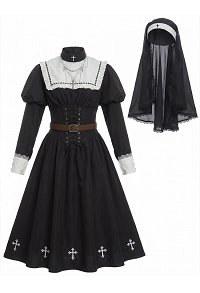 Halloween Gothic Retro Nun Style Costume Dress with Headscarf and Necklace