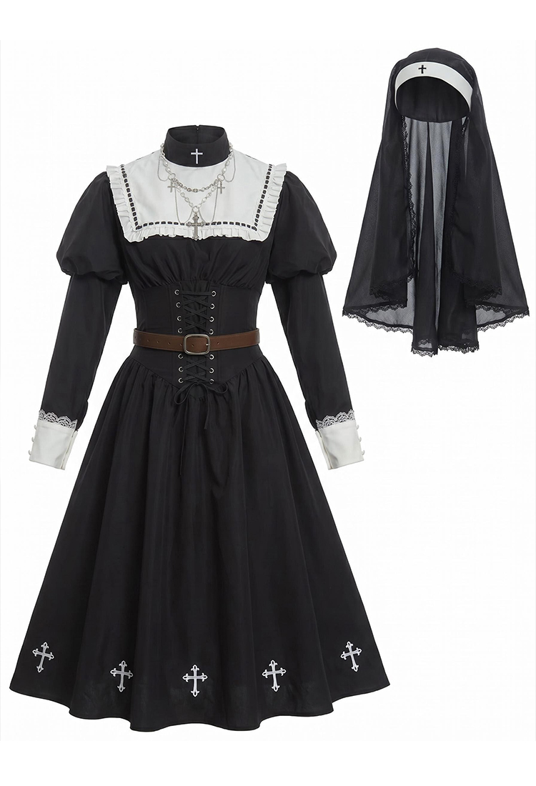 Halloween Gothic Retro Nun Style Costume Dress with Headscarf and Necklace