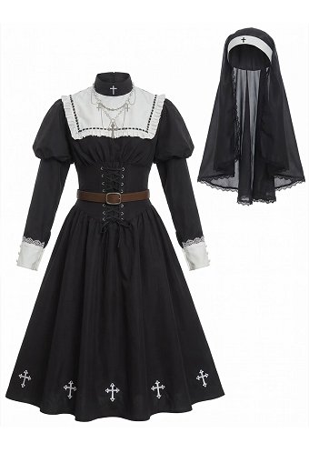 Disfraz de Halloween Gótico Retro Estilo Monja Vestido con Pañuelo de Cabeza y Colla
