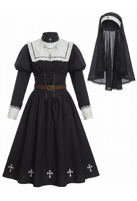 Halloween Gothic Retro Nun Style Costume Dress with Headscarf and Necklace
