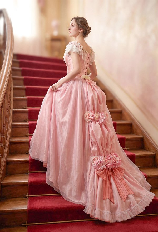 Conjunto de Vestido de Gala de Ópera Victoriano Top de Corsé y Falda con Accesorios Florales