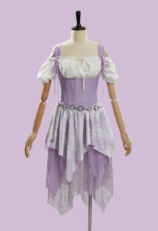 Costume de sorcière rétro en patchwork pour Halloween Robe style corset avec chemisier à épaules dénudées et chapeau