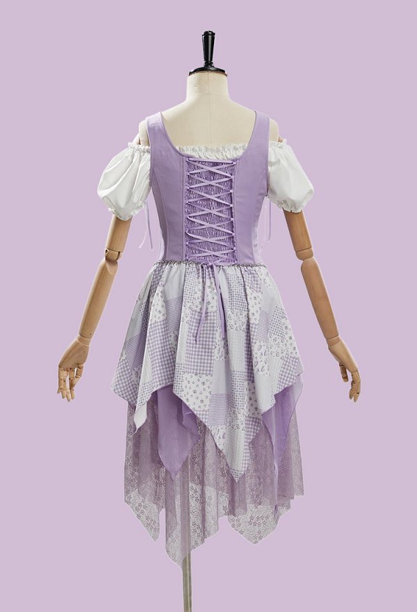 Costume de sorcière rétro en patchwork pour Halloween Robe style corset avec chemisier à épaules dénudées et chapeau