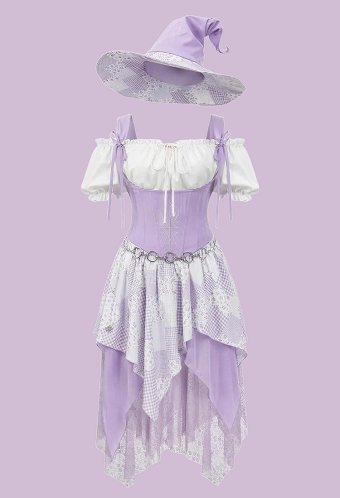 Disfraz de Bruja Retro de Parches de Halloween con Vestido Estilo Corsé con Blusa con Hombros Descubiertos y Sombrero