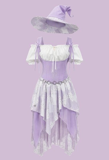 Disfraz de Bruja Retro de Parches de Halloween con Vestido Estilo Corsé con Blusa con Hombros Descubiertos y Sombrero