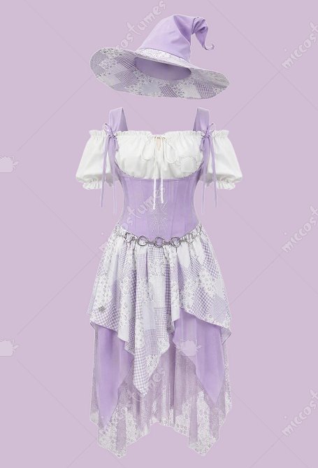 Disfraz de Bruja Retro de Parches de Halloween con Vestido Estilo Corsé con Blusa con Hombros Descubiertos y Sombrero