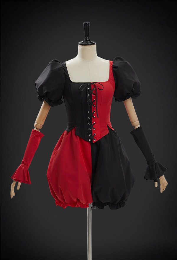 Disfraz de Payaso Vintage de Bloques de Color Rojo y Negro de Halloween con Top Corsé y Bombachos con Sombrero y Guantes Disfraz de Payaso Vintage de Bloques de Color Rojo y Negro de Halloween con Top Corsé y Bombachos con Sombrero y Guantes