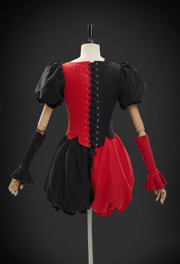 Disfraz de Payaso Vintage de Bloques de Color Rojo y Negro de Halloween con Top Corsé y Bombachos con Sombrero y Guantes Disfraz de Payaso Vintage de Bloques de Color Rojo y Negro de Halloween con Top Corsé y Bombachos con Sombrero y Guantes