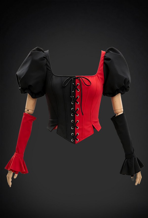Disfraz de Payaso Vintage de Bloques de Color Rojo y Negro de Halloween con Top Corsé y Bombachos con Sombrero y Guantes Disfraz de Payaso Vintage de Bloques de Color Rojo y Negro de Halloween con Top Corsé y Bombachos con Sombrero y Guantes