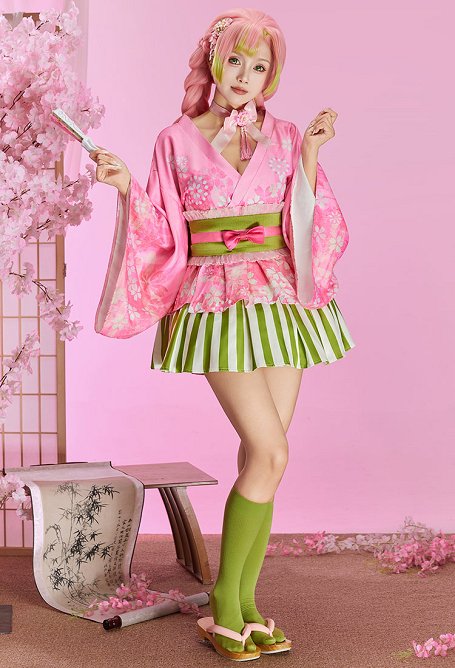 KNY Mitsuri Derivative Geisha Yukata Costume Japanese-Style Kimono Top and Skirt with Obi and Fan