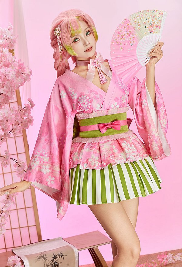 KNY Mitsuri Derivative Geisha Yukata Costume Japanese-Style Kimono Top and Skirt with Obi and Fan