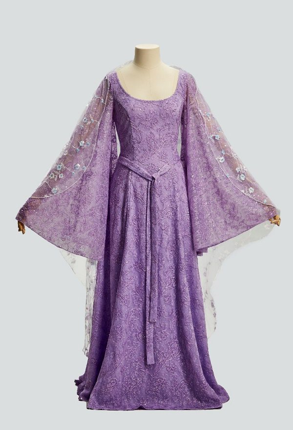 Daizbella Medieval Fantasy Fairy Elf Long Dress Purple Embroidered Bell-sleeved Dress with Shawl and Belt