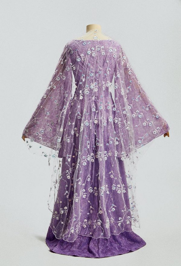 Daizbella Medieval Fantasy Fairy Elf Long Dress Purple Embroidered Bell-sleeved Dress with Shawl and Belt
