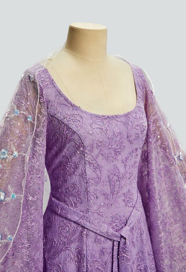 Daizbella Medieval Fantasy Fairy Elf Long Dress Purple Embroidered Bell-sleeved Dress with Shawl and Belt