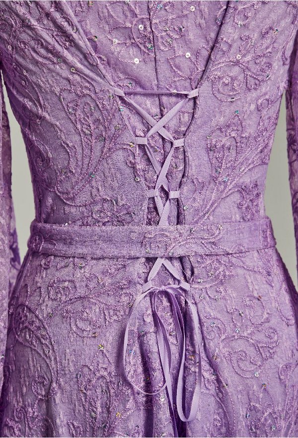 Daizbella Medieval Fantasy Fairy Elf Long Dress Purple Embroidered Bell-sleeved Dress with Shawl and Belt